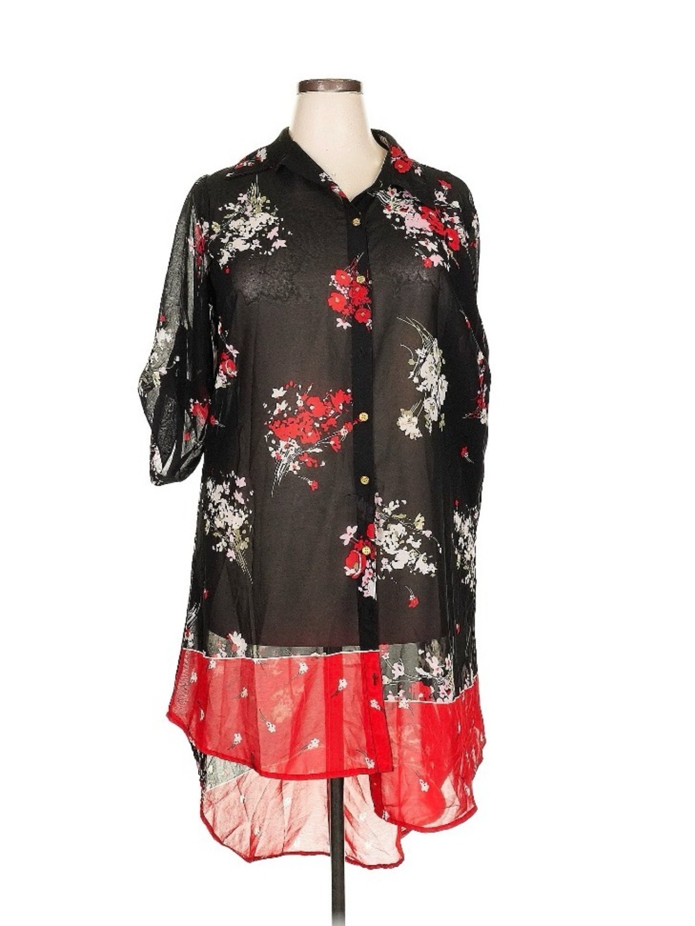 Black Floral Sheer Button-Down Tunic with Red Hem